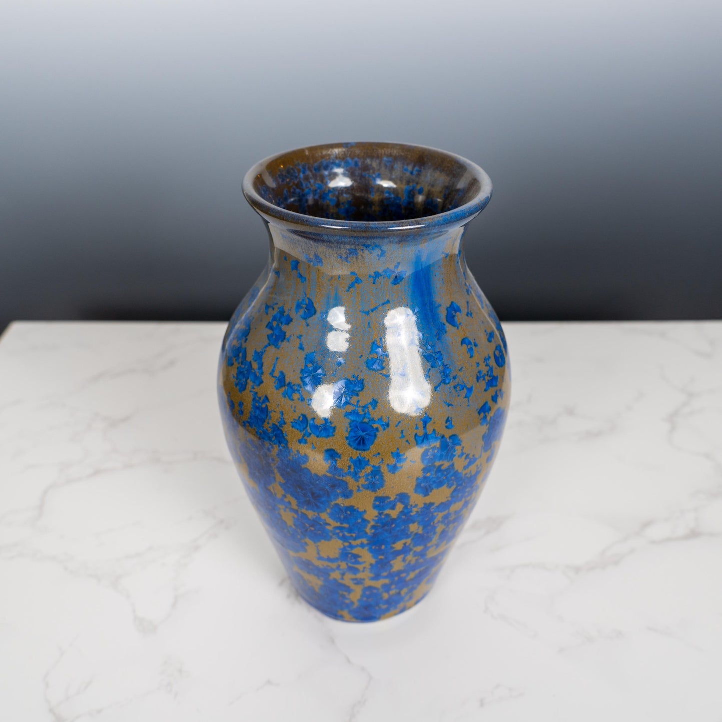 Handmade Crystalline Glaze Vase – One-of-a-Kind Blue & Gold Ceramic Art