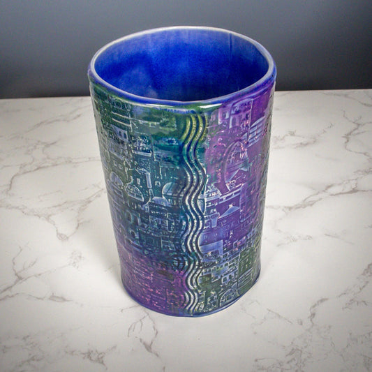 Handbuilt Textured Ceramic Vase – Slab-Built Stoneware with Organic Glaze