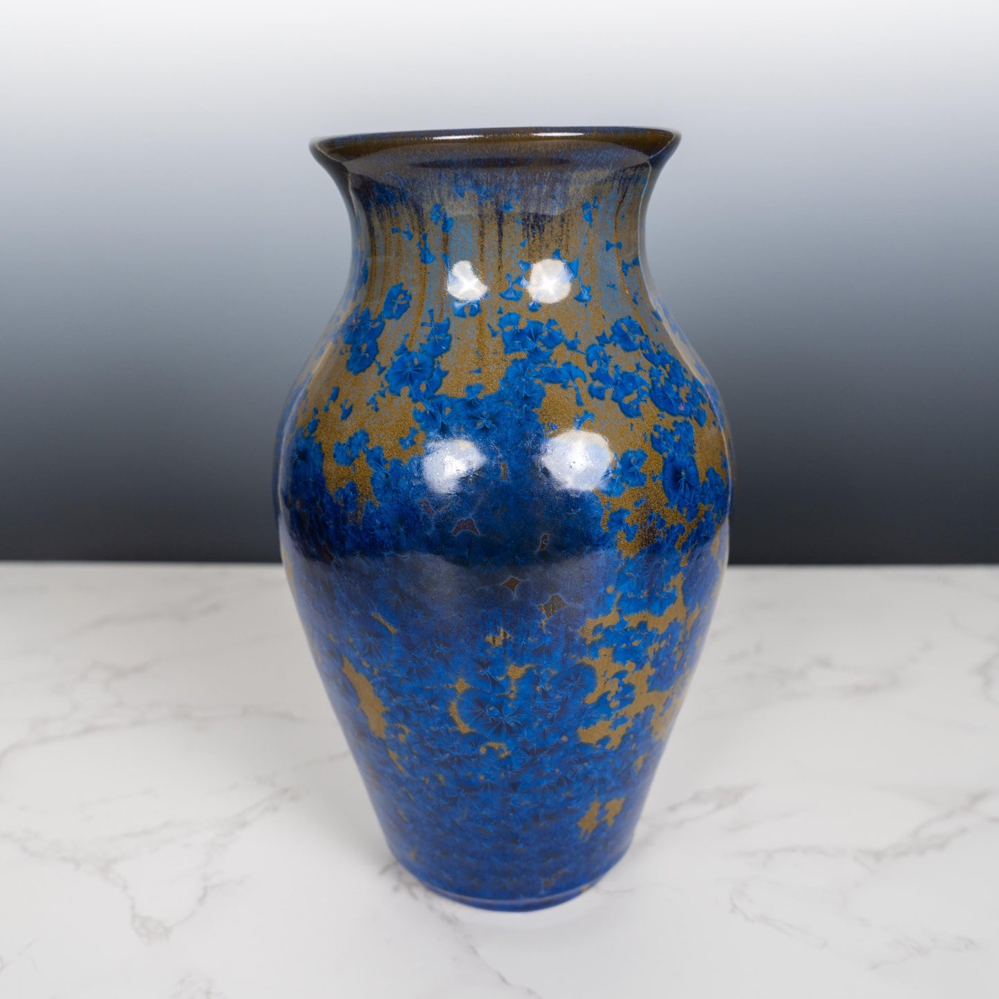 Handmade Crystalline Glaze Vase – One-of-a-Kind Blue & Gold Ceramic Art