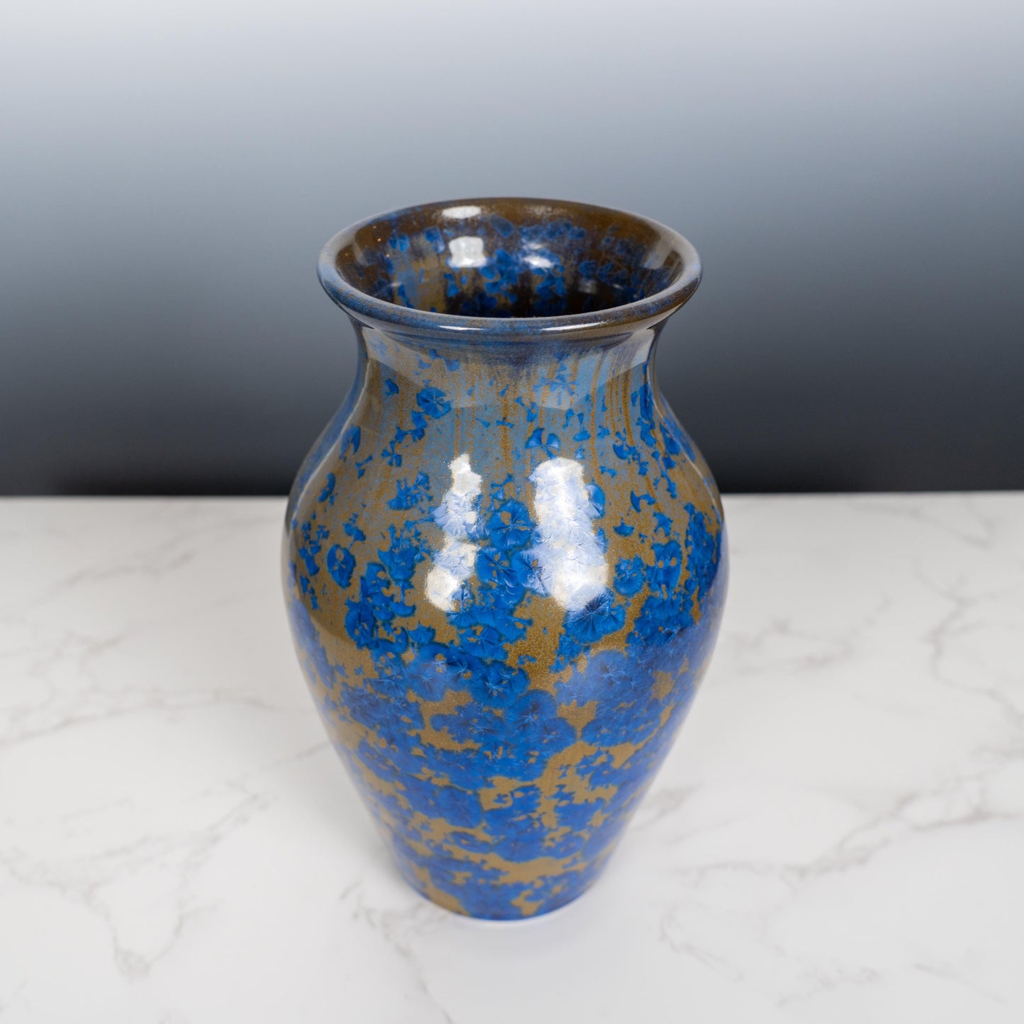 Handmade Crystalline Glaze Vase – One-of-a-Kind Blue & Gold Ceramic Art