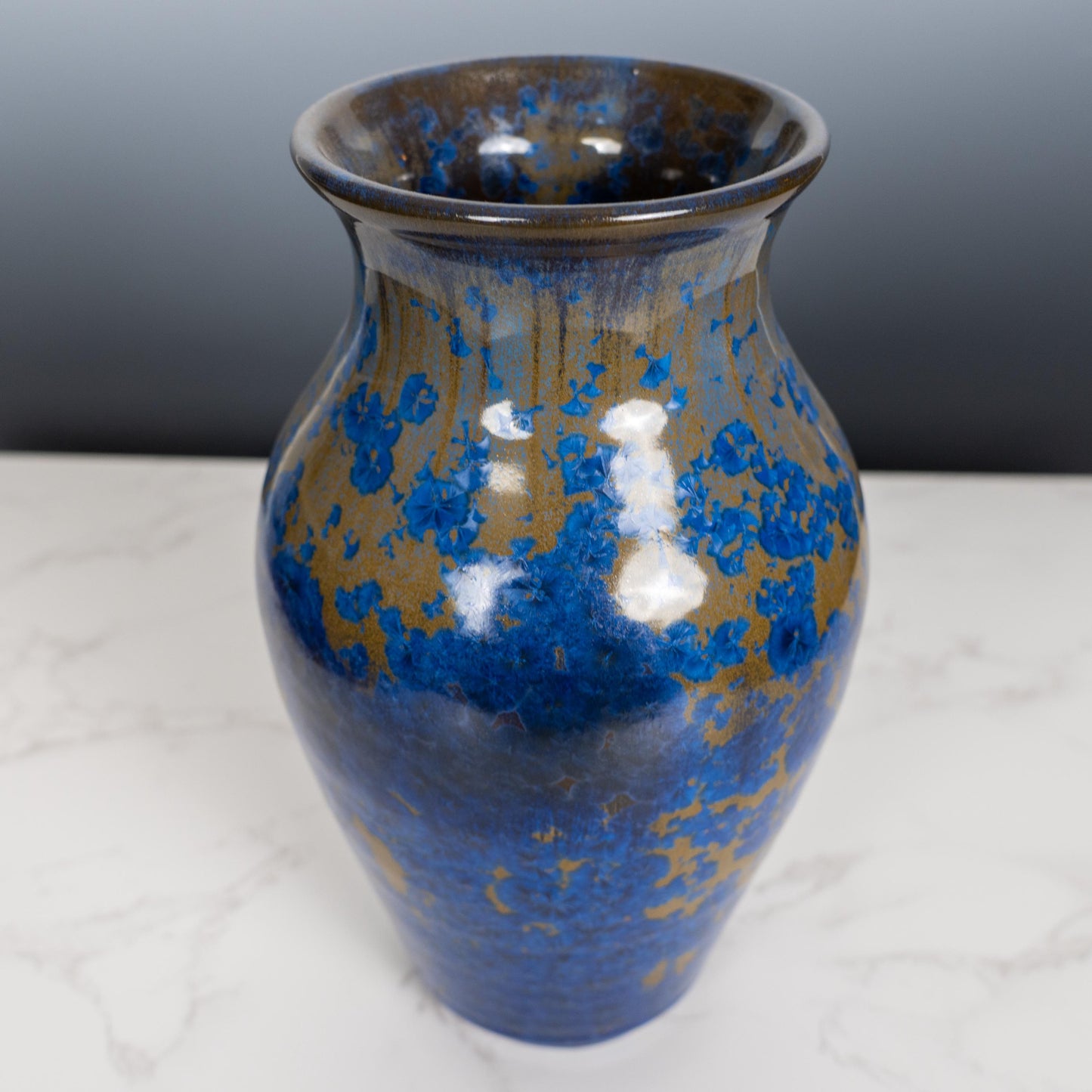 Handmade Crystalline Glaze Vase – One-of-a-Kind Blue & Gold Ceramic Art