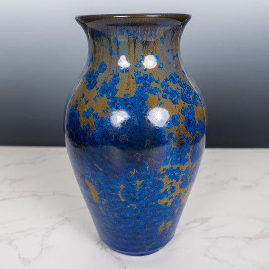 Handmade Crystalline Glaze Vase – One-of-a-Kind Blue & Gold Ceramic Art