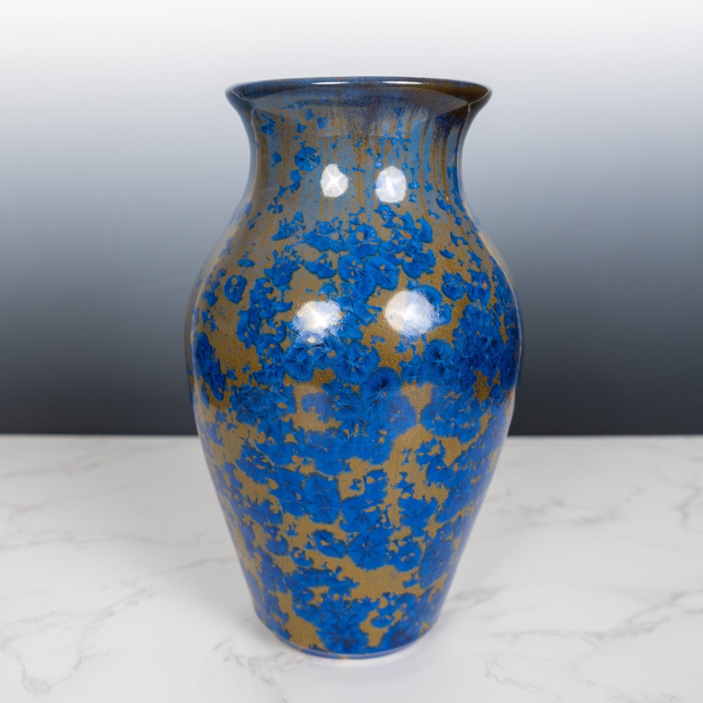 Handmade Crystalline Glaze Vase – One-of-a-Kind Blue & Gold Ceramic Art