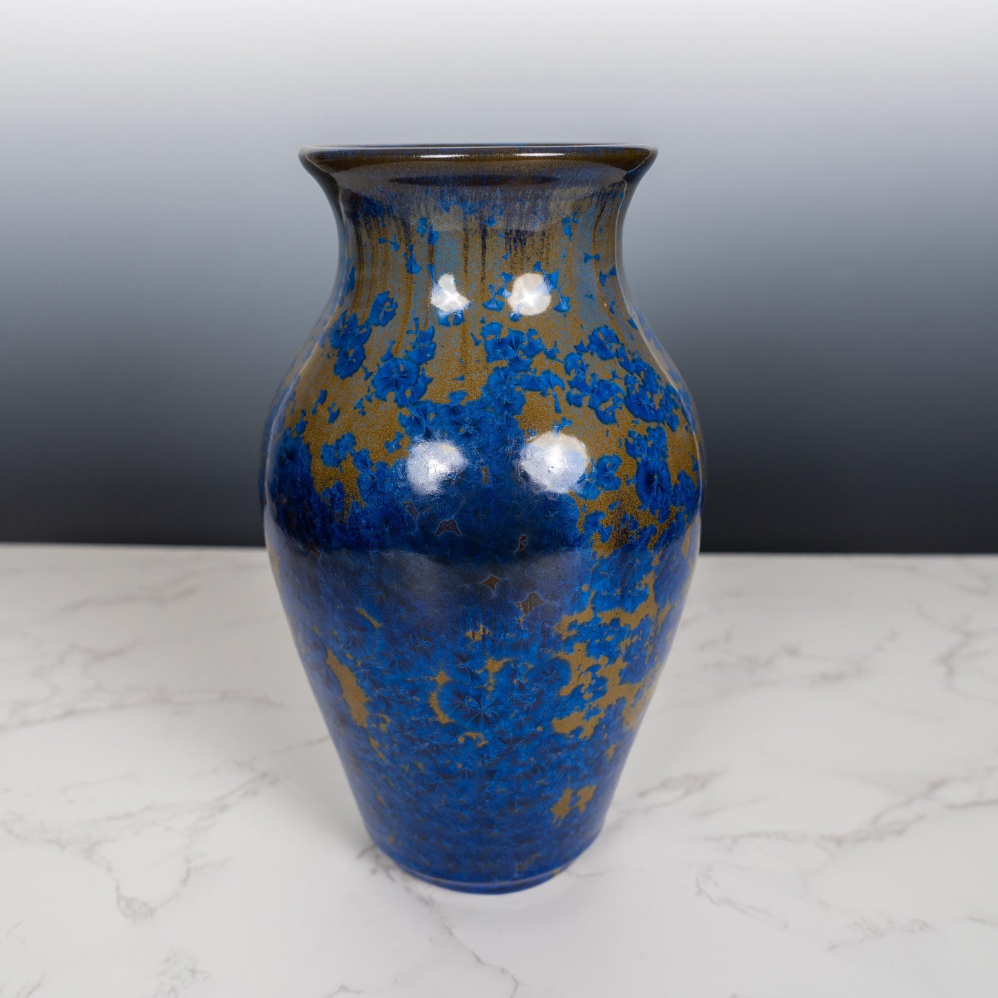 Handmade Crystalline Glaze Vase – One-of-a-Kind Blue & Gold Ceramic Art
